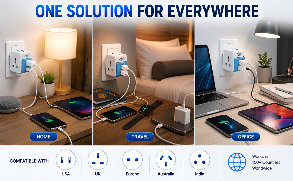 PROSAC 3-Pin Multi Plug Socket with Individual Switch | Universal Travel Adapter for 2-Pin & 3-Pin Devices | 5A-250V Wall Charger with Safety Shutter, Fuse & Indicator | Pack of 1