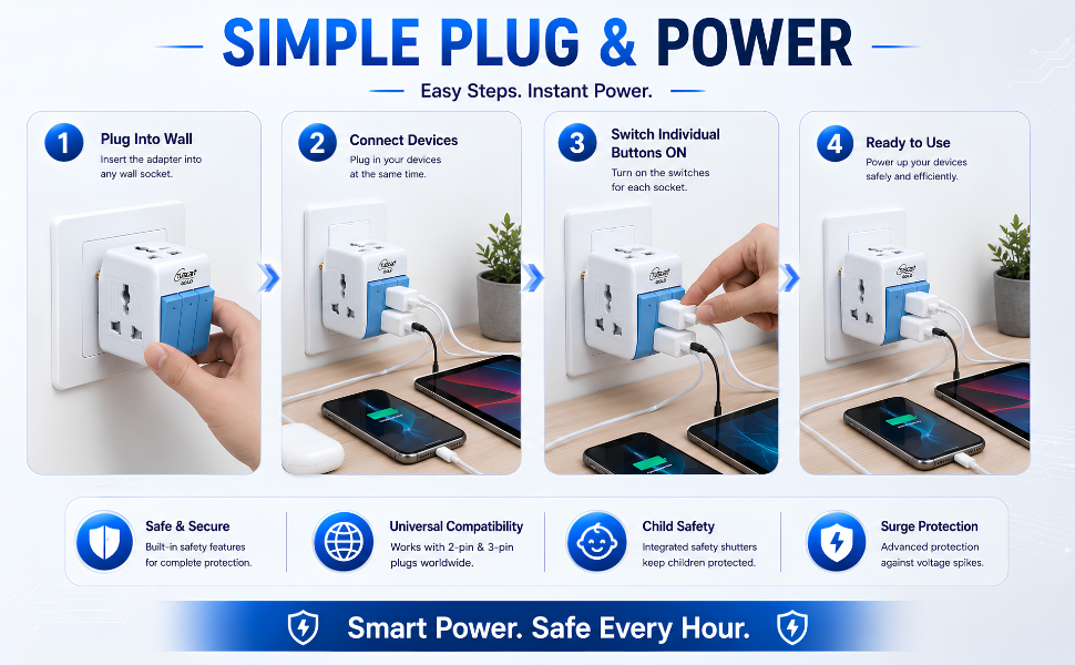 PROSAC 3-Pin Multi Plug Socket with Individual Switch | Universal Travel Adapter for 2-Pin & 3-Pin Devices | 5A-250V Wall Charger with Safety Shutter, Fuse & Indicator | Pack of 1