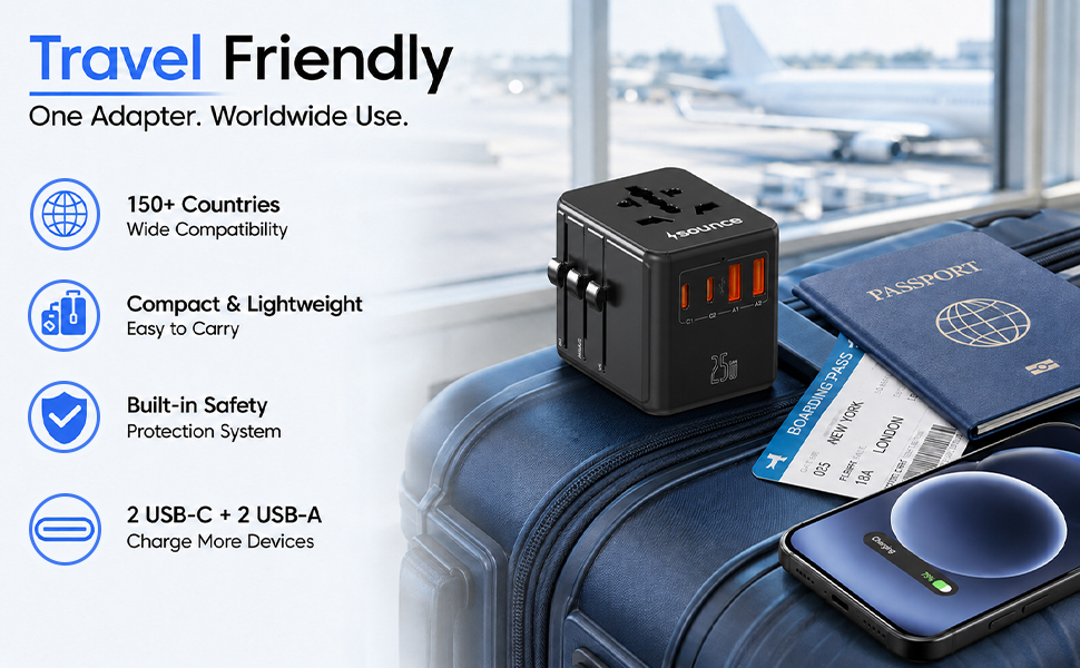 Sounce OmniCharge 25W Universal Travel Adapter, 4-in-1 International Multi Plug Charger for 150+ Countries, 2 USB-C & 1 USB-A Ports, Fast Charging, US/UK/EU/AU Compatible (Black)
