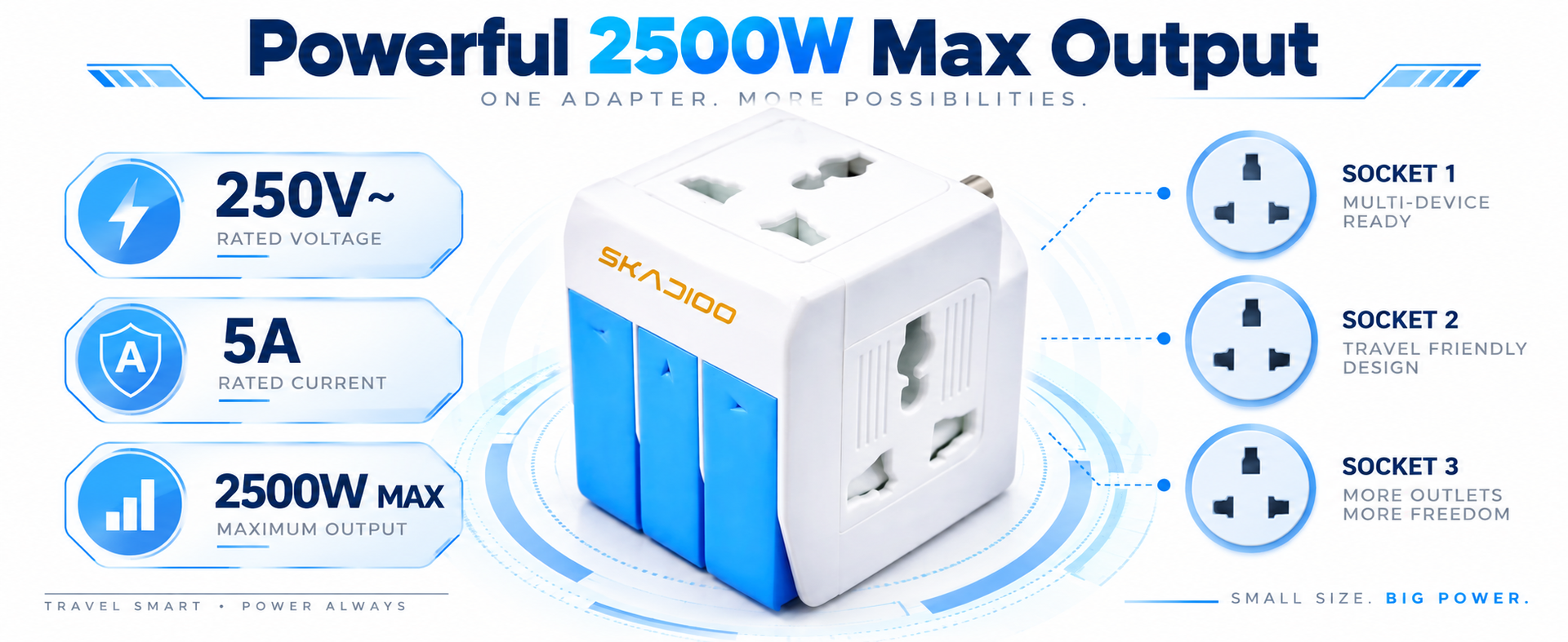 SKADIOO Universal Charger Adapter | 2 Years Warranty, 3-in-1, 5A - 250V | Adapter Charger, Universal Travel Adapter All in One, Multi Plug Adapter, Individual Switch and Fuse Protected (White, Blue)