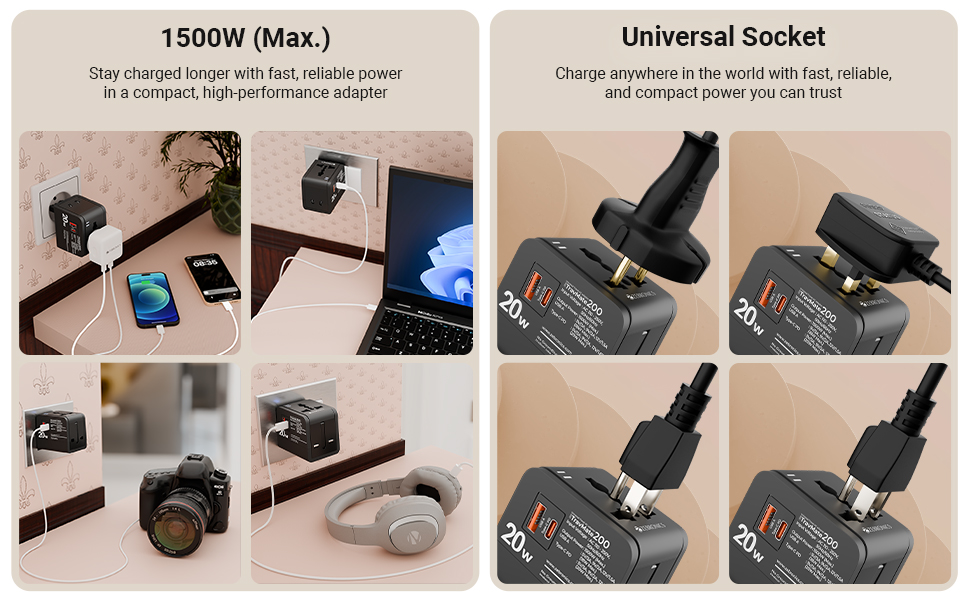Zebronics 1500W All-in-One Universal Travel Adapter, Upto 6A, USB-A, Type-C, Universal Socket, Swappable Pins for EU|KR|UK|US|JP|AUS|CN, for Mobile, Tablet, & Laptop (Travmate 200)