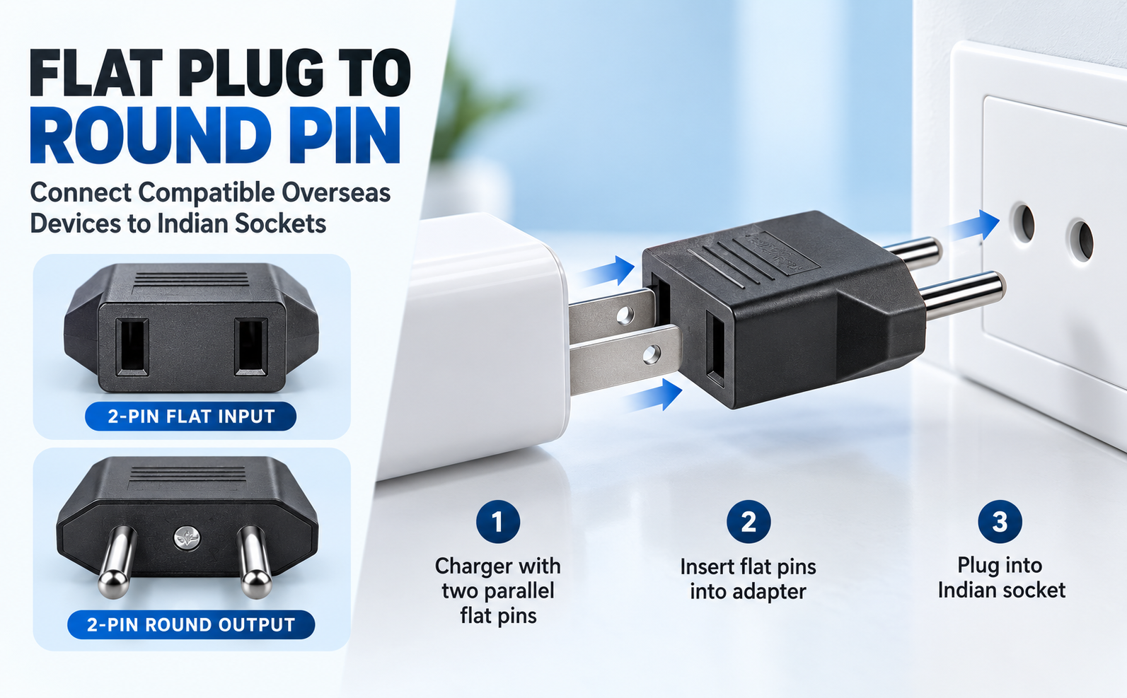 VAYINATO® 2 Pin Plug Socket Adaptor (Flat Plug) China, Thailand, Europe, Taiwan, Japan, Italy, Korea and Indonesia to India By Petzlifeworld (2 Pcs-Black)