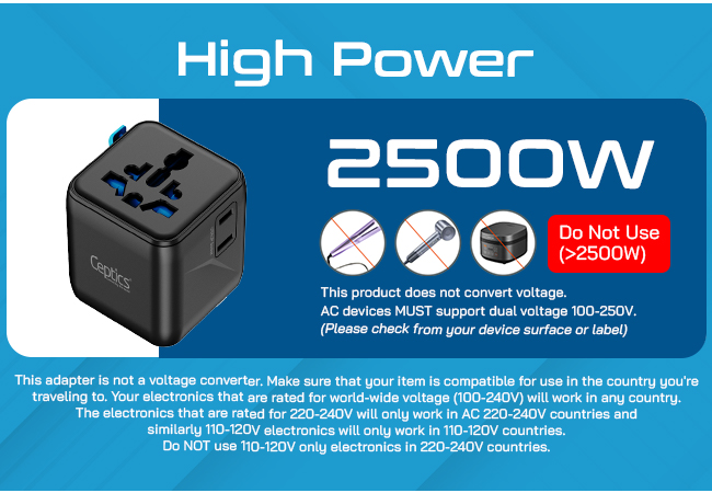 Ceptics 2 in 1 Universal Charger Adapter, Universal Travel Adapter All in One with 2500W High Power Output, International Plug Adapter for Phones, Tablets, Compatible in 150+ Countries