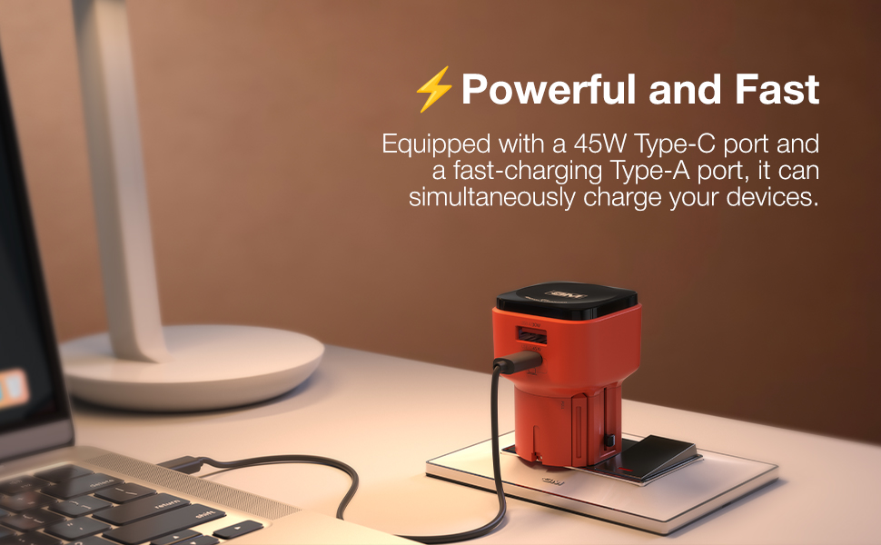 GM TravelEase Lite 45W All-in-One International Travel Adapter | Works in US, UK, EU, AU & 150+ Countries | USB-C & USB-A Fast Charging | 1M 60W Cable Free | Compatible with MacBook, iPhone & Android