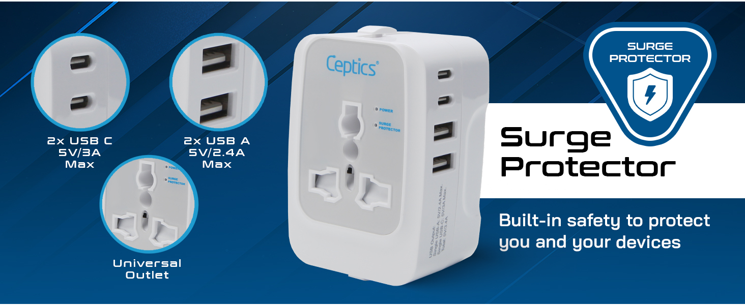 Ceptics Universal Charger Adapter, 5 in 1 Universal Travel Adapter with Type C, 17W Universal Travel Adapter All in One, Universal Travel Essentials with 2 USB A, 2 USB-C 3.4A Universal Adaptor, White
