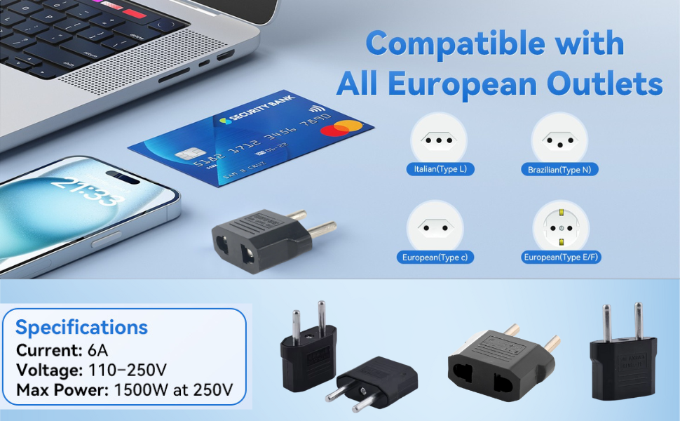 Hi-Plasst Europe 2-Pin to India (2 Pieces) Travel Adapter (6A, 250V) – EU Power Plug Converter for Europe & Indian Sockets | 2pin Black – Works in China, France, Italy, Spain & India (Pack of 2)