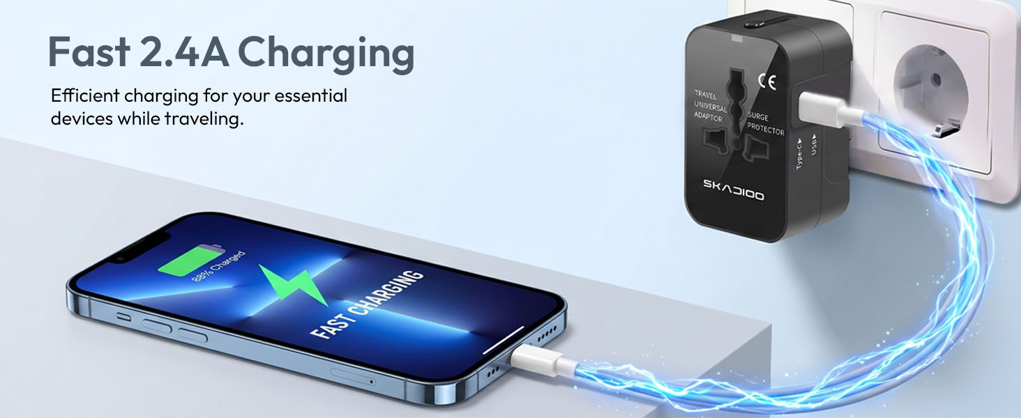 SKADIOO Universal Travel Adapter All in One – 2.4A Universal Adapter Travel, Multi Plug Type C Power Converter for 150+ Countries, Compact and Portable Design