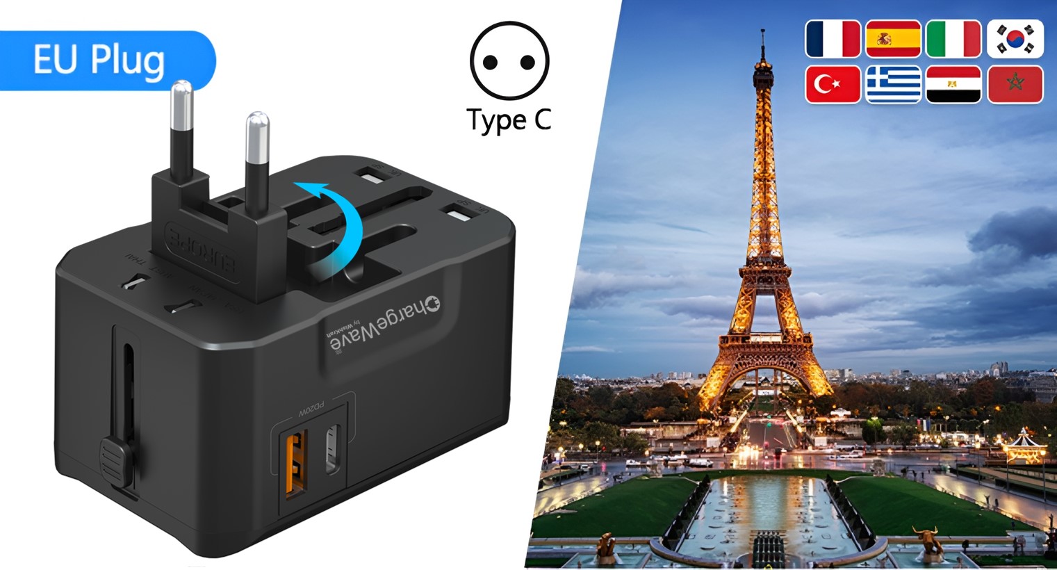 ChargeWave Universal Travel Adapter with 20W Fast Charging 2 USB Ports | All in One Worldwide Plug | 210+ Countries (US/UK/EU/AUS) | International Power Adapter Socket for Mobile, Laptop & Accessories