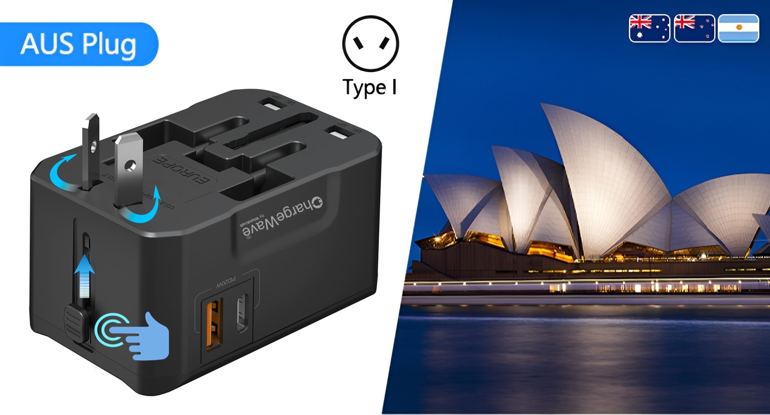 ChargeWave Universal Travel Adapter with 20W Fast Charging 2 USB Ports | All in One Worldwide Plug | 210+ Countries (US/UK/EU/AUS) | International Power Adapter Socket for Mobile, Laptop & Accessories