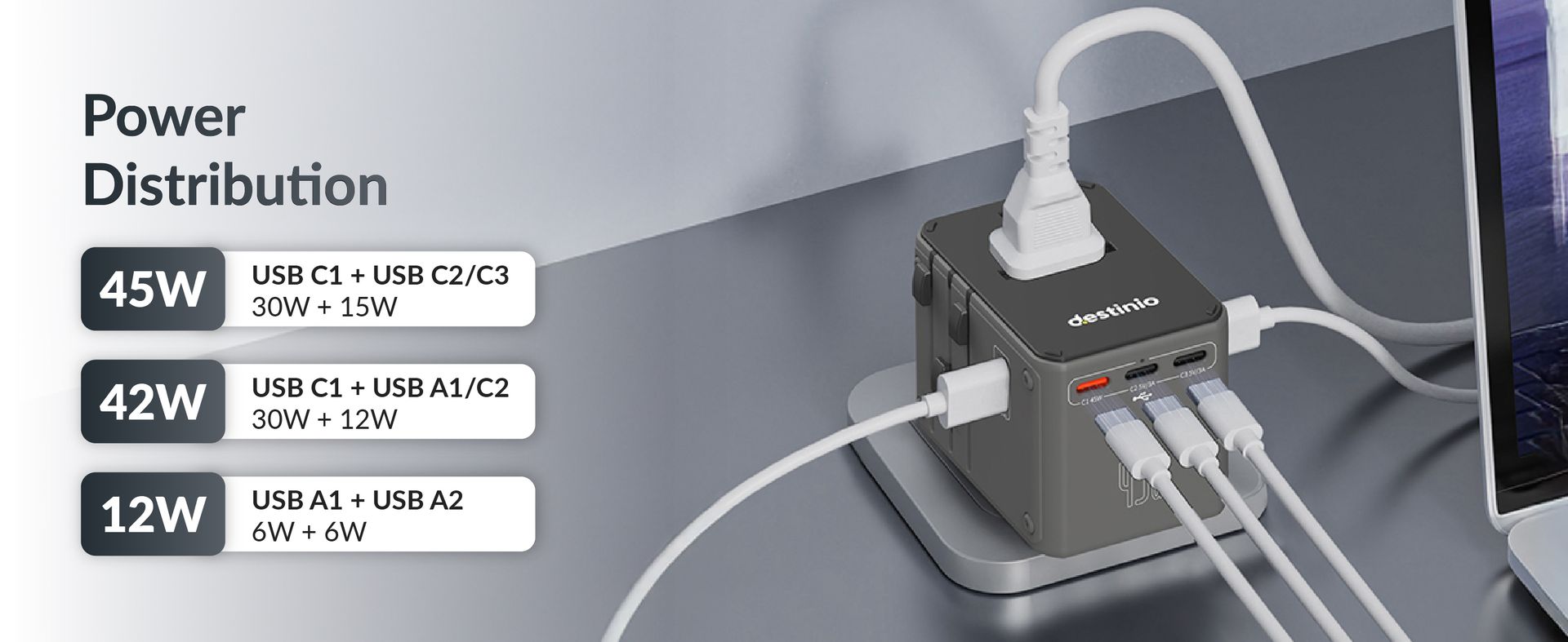 Destinio Universal Travel Adapter - 6-in-1 Fast Charging International Charger with PD, Type C & 3 USB Ports - All-in-One for US, UK, Europe (45W- Type C- (6 in 1) - Gray)