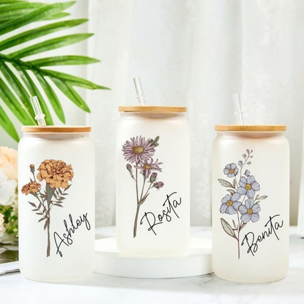 Personalized Name Birth Flower Glass Cup, 16oz Can Shaped Cups with Lid And Straw, Drinking Beer Glass Iced Coffee Cute Tumbler Cup Christmas, Birthday Valentines Day for Women (Girl Friend)