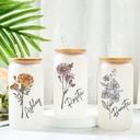 Personalized Name Birth Flower Glass Cup, 16oz Can Shaped Cups with Lid And Straw, Drinking Beer Glass Iced Coffee Cute Tumbler Cup Christmas, Birthday Valentines Day for Women (Girl Friend)