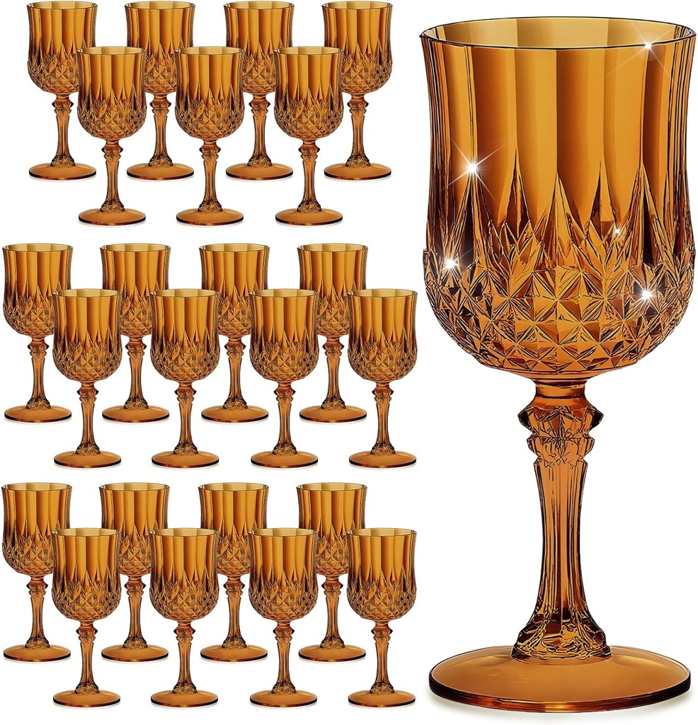 24PCS 7OZ Amber Wine Plastic Glasses, Drinking Champagne Glasses Flutes Crystal Vintage Water Unbreakable Goblets for Wedding, Parties