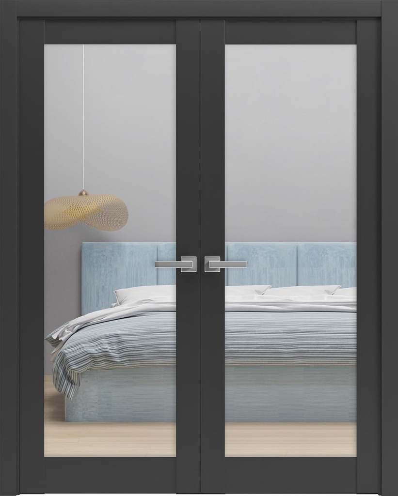 SARTODOORS Lucia 2166 | Double Swing Interior French Doors with Glass, Solid Wood, Hardware Included, 60x80, Black, Modern