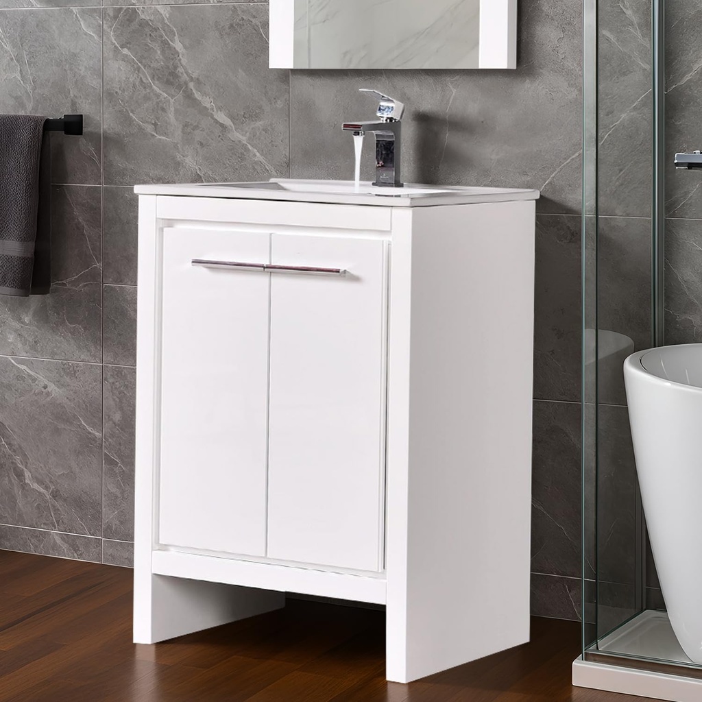 Blossom 24-Inch Single Bathroom Vanity with Ceramic Sink – Modern All-Wood Cabinet, Compact Freestanding Design with Storage for Small Bathrooms, Glossy White Finish