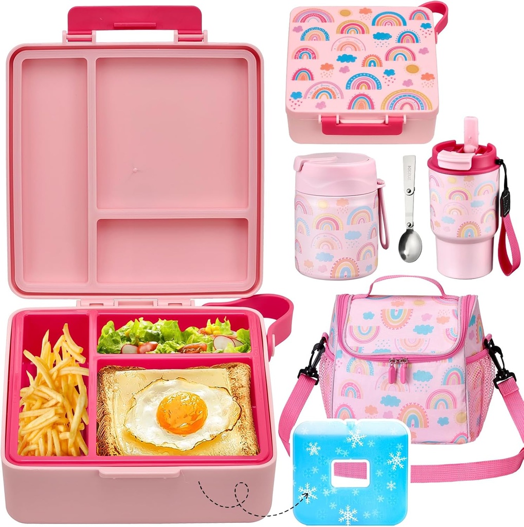 Lunch Box Set with Bento Box Container, 17OZ Stainless Steel Food Soup Thermo, Kids Water Bottle & Portable Insulated Lunch Bag – Leakproof, Hot/Cold Retention for School, Travel(Pink-Rainbow)