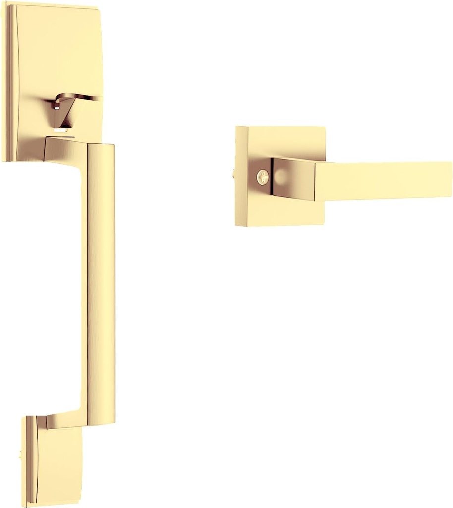 Front Door Handle - Entry Door Lock Handle Set for Left or Right Handed Doors Reversible Interior Exterior Single Cylinder Lower Half Adjustable Lever Bright Brass Non-Locking Gold