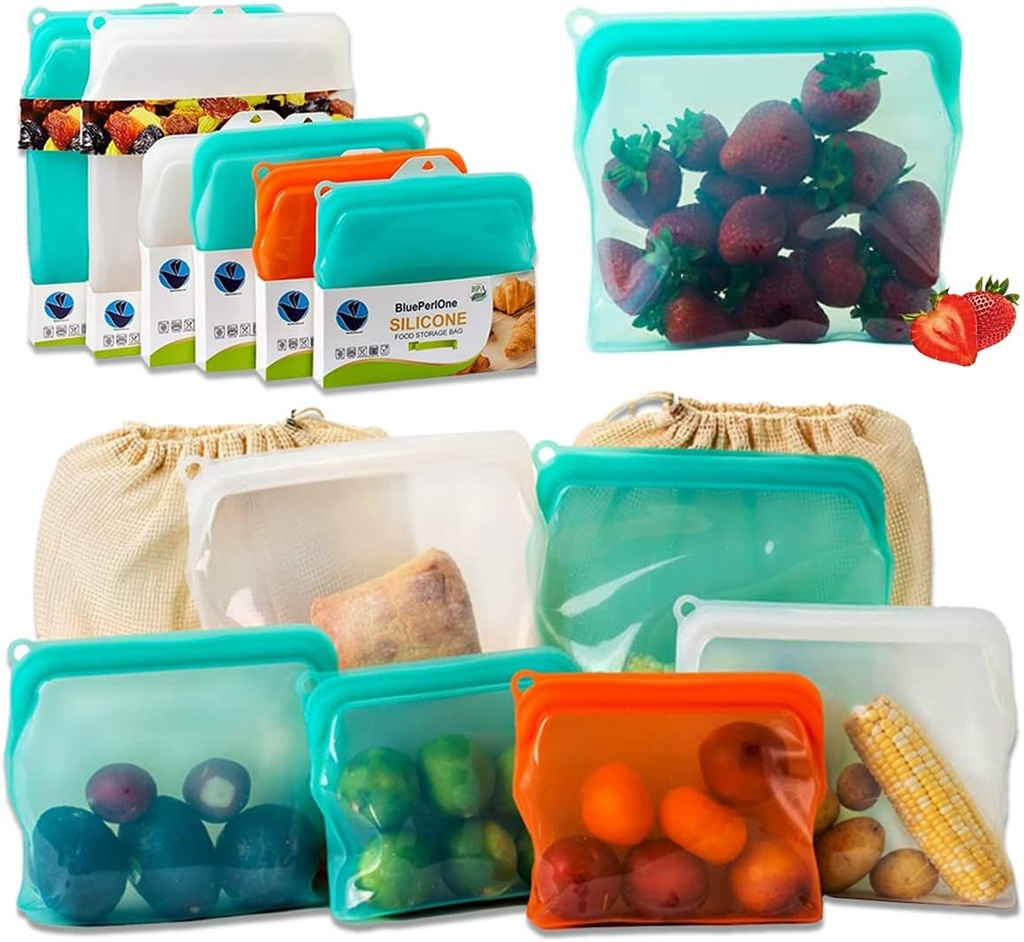 100% Silicone Bags Reusable Storage - Freezer Bags - 6 Reusable Silicone Bags For Food Storage with Two of each (1/2 Gal, Large and Medium) and Complementary Cotton Mesh Bags