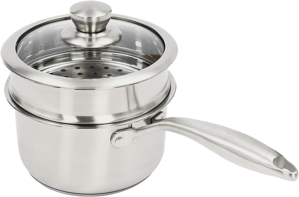 1.4 Quart Stainless Steel Saucepan with Steamer, Double Layer Small Multipurpose Pot with Glass Lid, Sauce Pan for Cooking with Handle for Boiling Gravies, Pasta, Noodles