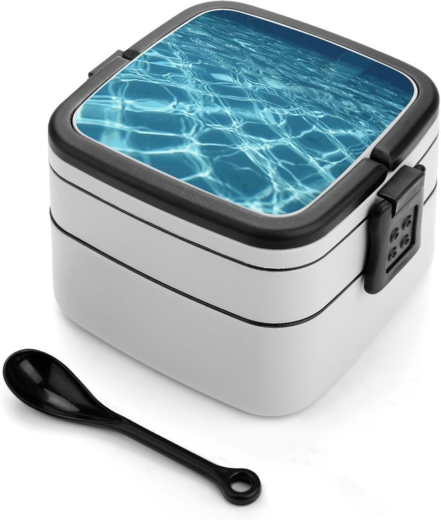 Swimming Pool Water Bento Box with Compartments Double Layer Bento Lunch Box with Spoon And Handle All-in-One Adult Lunchbox Leakproof Lunch Container for Work Picnic Travel