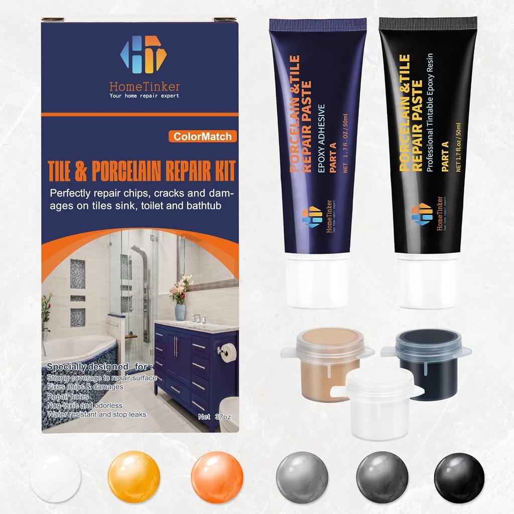 Porcelain Repair Kit White (Color Match), Tile Repair Kit, Bathtub Repair Kit, Fiberglass Tub Repair Kit, Bathtub Ceramic Tile Sink Acrylic tub Repair Kit White Almond Black