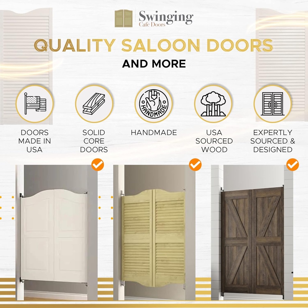 Swinging Cafe Doors Craftsmen Beadboard Saloon Doors – Premade for 36" Door Openings, 40" Tall, Primed & Ready to Paint, Includes Hinges for Saloon Swing, Quick Shipping