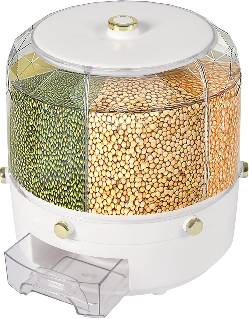 360° Rotating Grain Dispenser with 6 Grids – Dry Food Storage Container for Rice, Beans, Cereal, Lentils – Kitchen Countertop Organizer – 13lbs Capacity – White