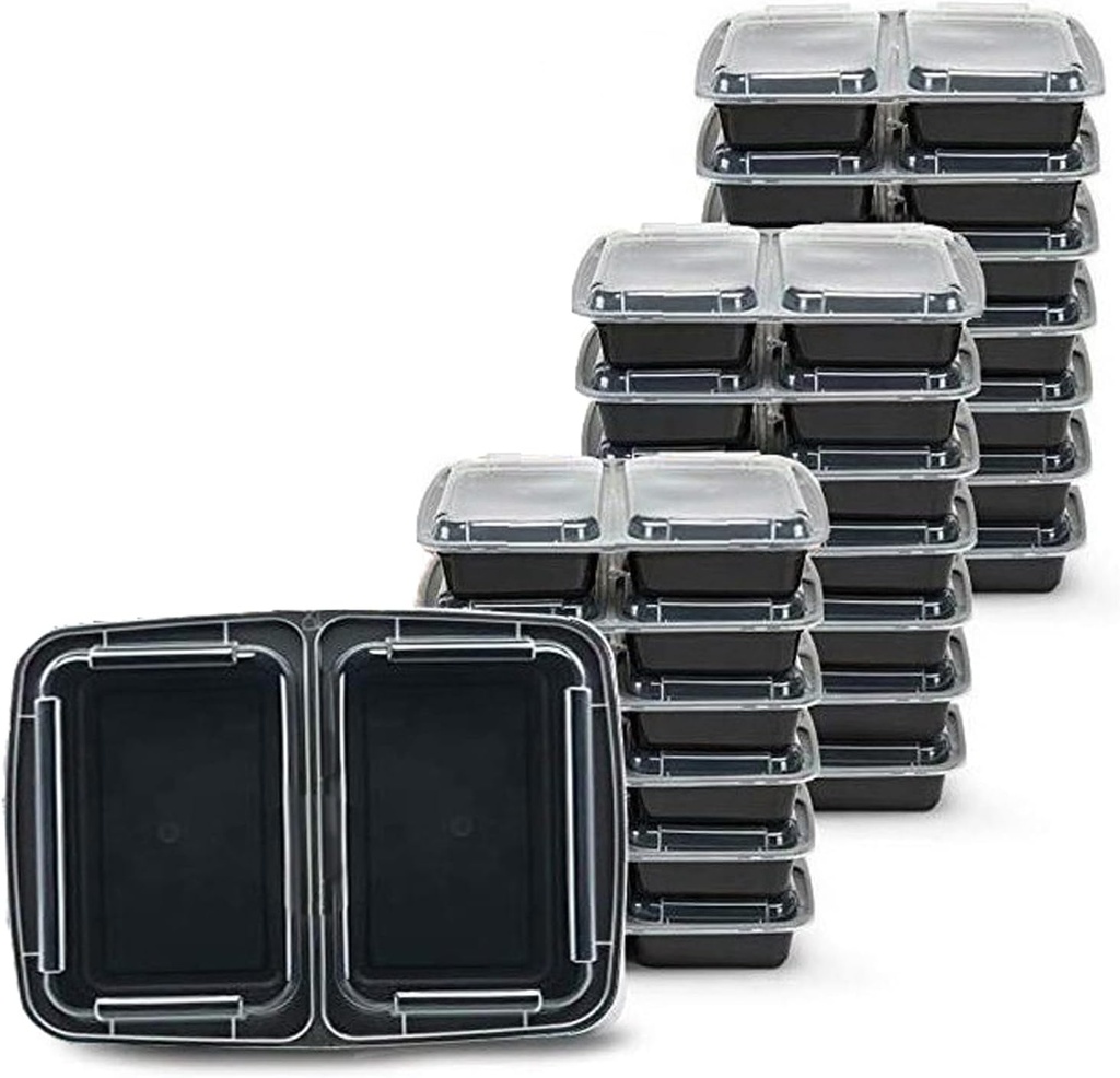 [150 Sets] 2 Compartment Meal Prep Containers, 28oz Black Plastic Containers, To Go Container, Bento Box, Lunch Box, Food Storage Container, BPA Free, Reusable (SR222B)