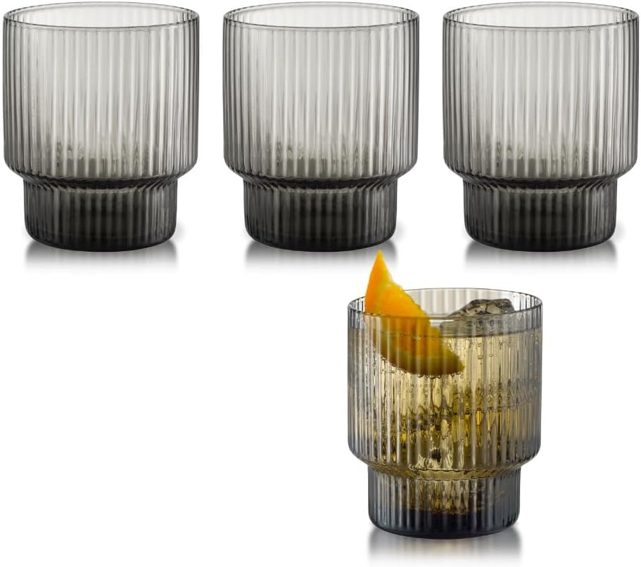 Qualia Carousel Gray Drinking Glasses Set of 4 Ribbed Glass Cups 11 oz Fluted Cocktail Glasses Lead-Free Colored Glassware, Dishwasher Safe Square Whiskey Glasses, House Warming Gifts For Bartender