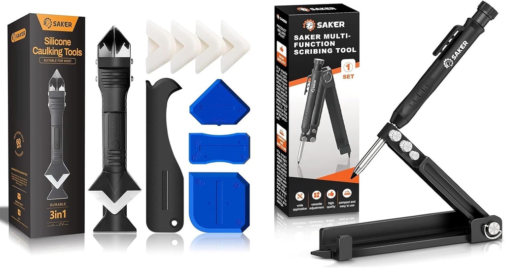 Saker Silicone Caulking Tools Caulk with Multi-function Scribing Tool- Construction Pencil Remover Glass Glue Angle Scraper for Bathroom,Kitchen,Floor,Window,Sink Joint,Frames Seal