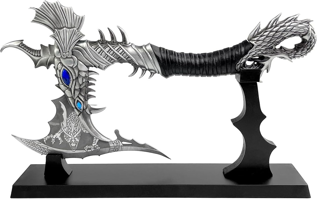 14" Fantasy Dragon Axe Wtih Wood Display Stand, Gift for Xmas, Home Tabletop Decoration