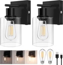 Battery Operated Wall Sconce Set of 2, Black Wireless Rechargeable Wall Mounted Lamp with Bulb, Modern Dimmable Indoor Non-Hardwired Decor Lighting Fixture for Bedroom Living Room Mirror Bathroom