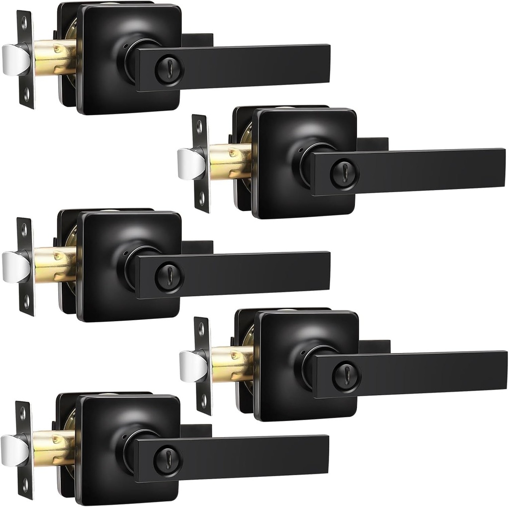 GOBEKOR 5 Pack Matte Black Interior Door Handles With Lock for Bedroom Bathroom - Square Lever Privacy Handles