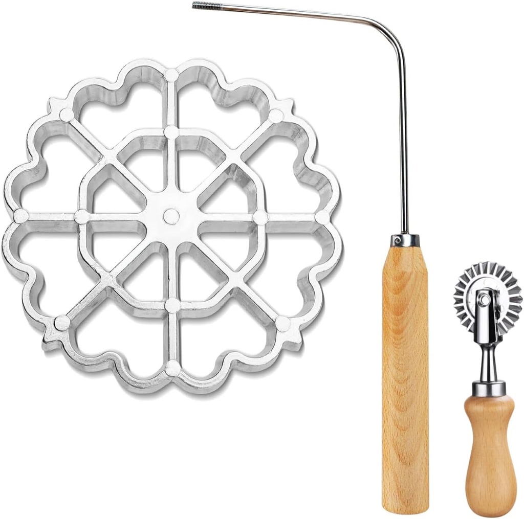 Bunuelos Mold Rosette Iron Molds Set with Wooden Handle, Lotus Flower Bunuelos Cookie Maker Mold, Funnel Cake Maker Cooking Stamp Maker Kit with Pasta Cutter Wheel for Home and Kitchen
