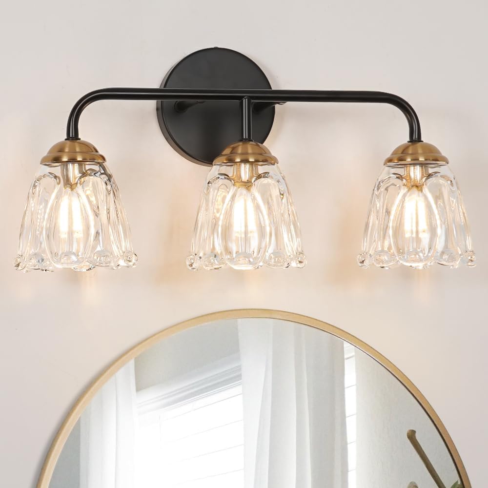 Vintage 3 Light Vanity Light, Black and Gold Bathroom Vanity Light, Bathroom Light Fixtures with Glass Shade, Antique Vanity Light Fixtures Over Mirror, Wall Sconce for Bedroom, Living Room