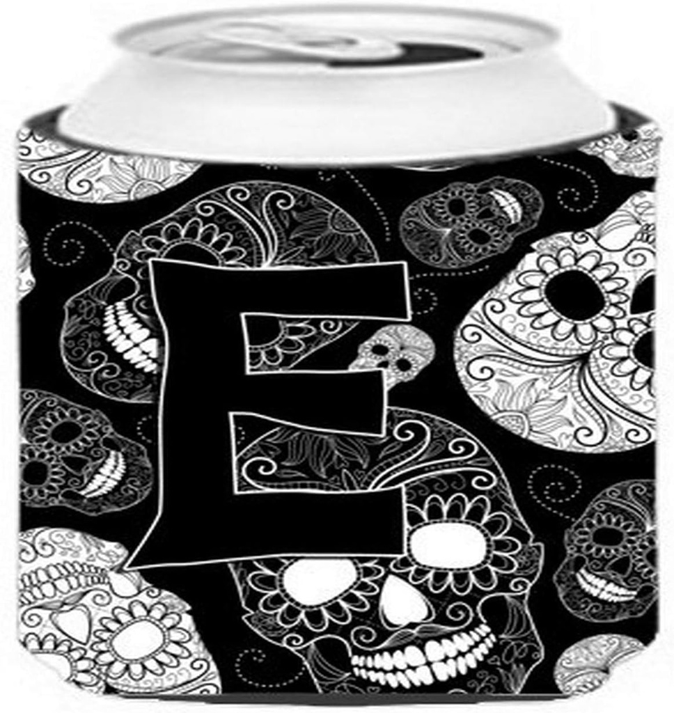 Caroline's Treasures CJ2008-ECC Letter E Day of The Dead Skulls Black Can or Bottle Hugger Cooler Washable Drink Sleeve Collapsible Beverage Insulated Holder, Can Hugger, Multicolor