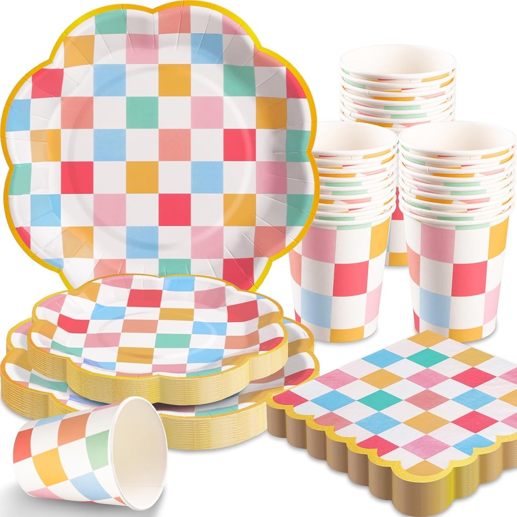 200 PCS Pastel Paper Plates Tableware Set Serves 50 Pastel Gingham Plates Disposable Dinnerware 50 9" Plates 50 7" Plate 50 9oz Cups 50 Napkins for Birthday Baby Shower Wedding
