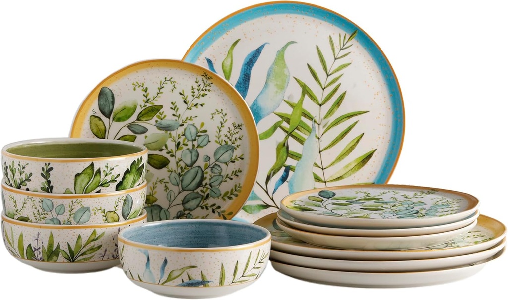 Corona 12– piece Nature Botanic Forest Inspired Ceramic Dinnerware Set | Plates and Bowls | Service for 4 | Siena