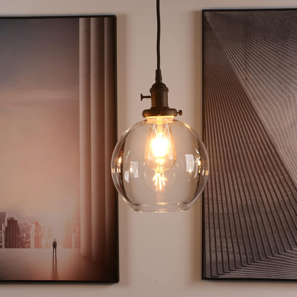 Pathson Black Pendant Light with Globe Round Glass Shade, Metal Base Cap and Adjustable Textile Cord, Industrial Style Retro Hanging Lamps for Dining Room Kitchen Island