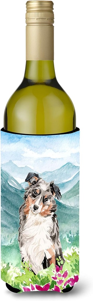 Caroline's Treasures CK1995LITERK Mountian Flowers Australian Shepherd Wine Bottle Hugger Bottle Cooler Sleeve Hugger Machine Washable Collapsible Insulator Beverage Insulated Holder
