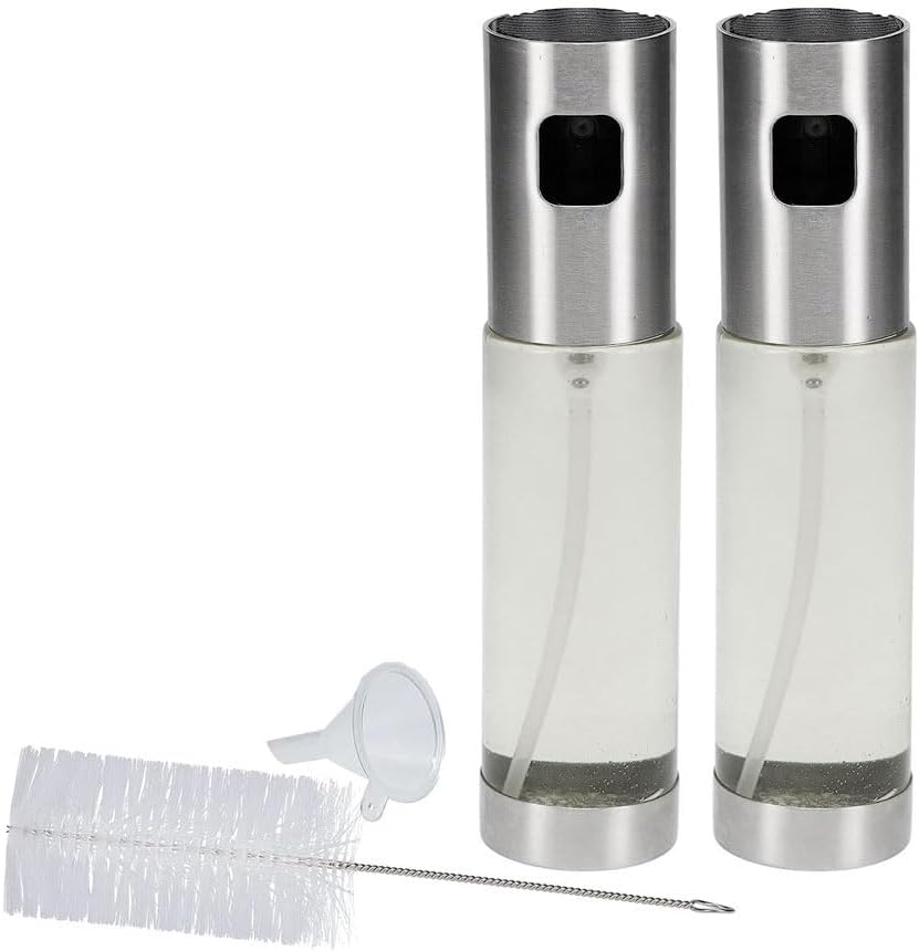 2 Glass Oil Sprayer Mister Spray Bottle Dispenser Refillable Cook Grill 3.38oz Spritzer Spritz Spraying with Funnel and Cleaning Brush Food Safe Container Storage Oil Vinegar Lemon Juice Cooking Wine