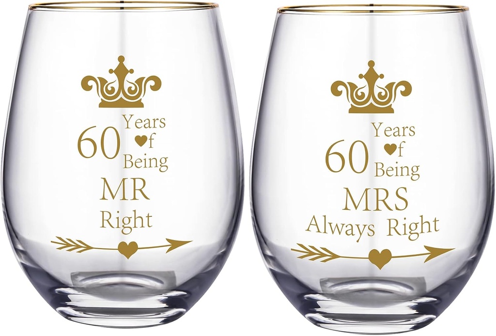 Pack of 2 Wine Glass Mr Right Mrs Always Right 60th Wedding Engagement Anniversary Cups for Couple Parents Tumbler 60 Years Anniversary Present Wine tumbler Cups