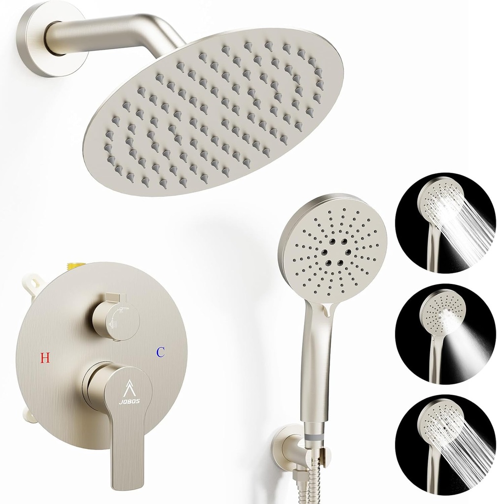 Shower Faucet Set 8IN Brass Rough-In Valve Body Trim Kit Rainfall Included Handle Accessories Complete 2 Functions with Rain Head and Handheld Bathroom Systems (8'', Brushed Nickel)