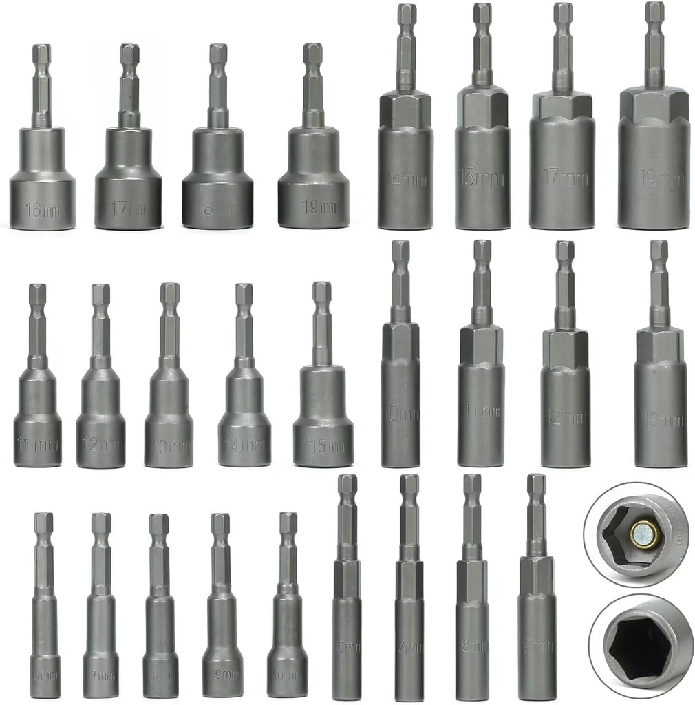 26Pcs Metric Deep and Magnetic Impact Nut Driver Set, 6mm to 19mm 1/4 inch Drill Bit Hex Socket Set, Impact Driver Nut Runner Setter, Deep Reach for Long Bolts, No Dropping Nuts Removal Tool