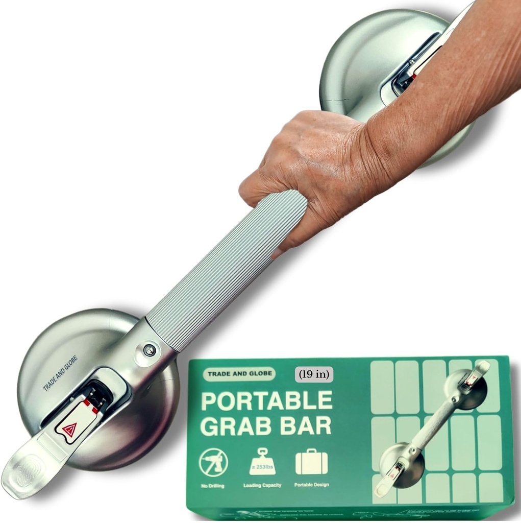 Heavy Duty Grab Bar with Large Suction Cups for Shower and Bathtub, Easy Tools-Free Installation & Removal, Safety with Compression Loss Warning, Useable on Diffrent Surfaces (Silver, 19 Inches)
