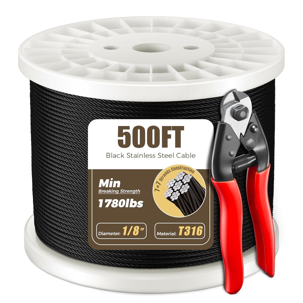 WAYSKA 500FT 1/8" T316 Black Stainless Steel Cable, Black Wire Rope Aircraft Cable for Indoor Outdoor Cable Railing Stair Deck Fencing, 7x7 Strands Construction, DIY Balustrades, Comes with a Cutter