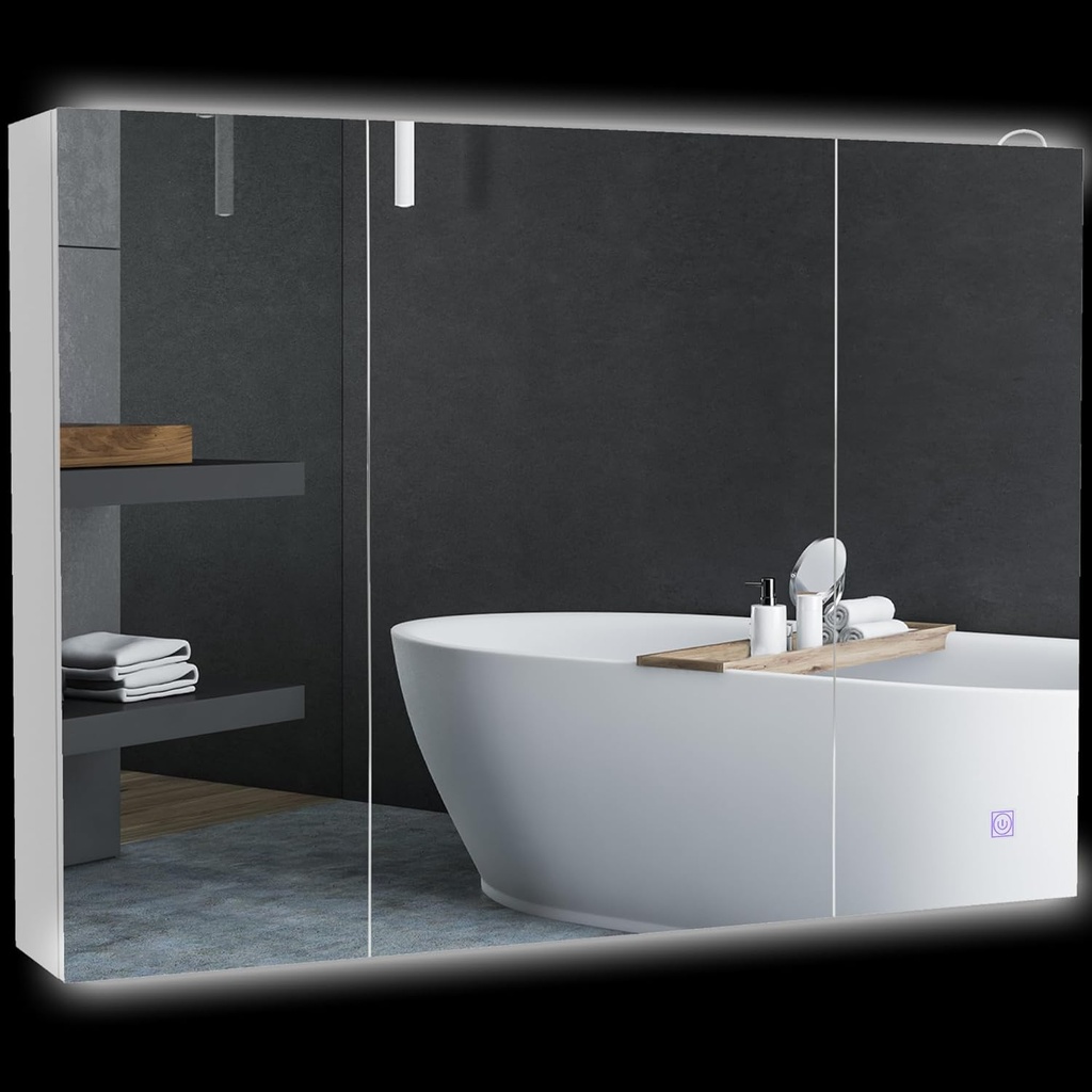 kleankin Lighted Medicine Cabinet with Mirror, 26" x 36" Wall Mounted Bathroom Mirror with Storage, 3-Color Bathroom Wall Cabinet with USB Charge, Adjustable Shelf, High Gloss White