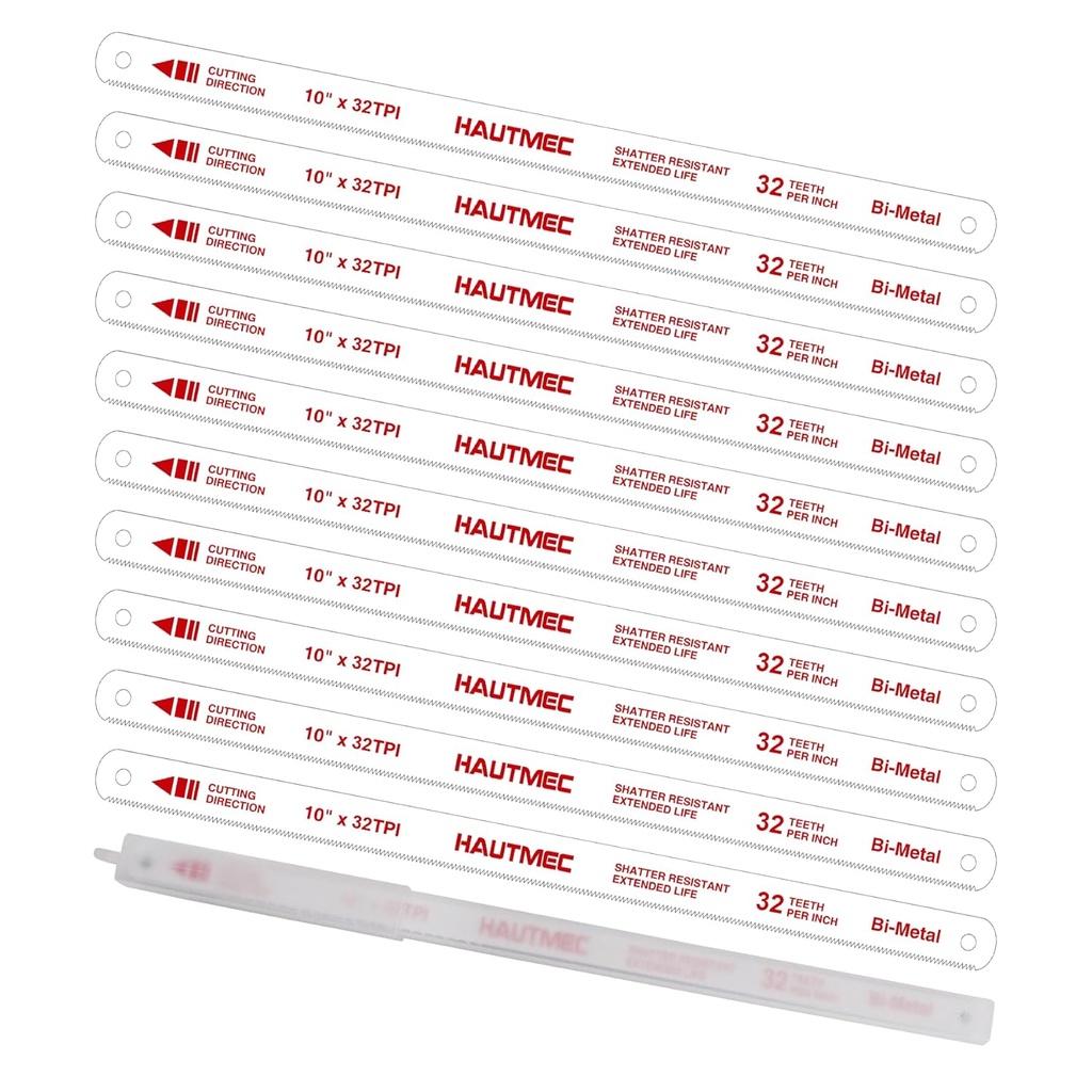 HAUTMEC 10" Hacksaw Blades 32 TPI – 10 Pack Bi-Metal Replacement Blades with High-Speed Steel Teeth and Spring Steel Body, Professional Grade, Fits Most Hacksaw Frames