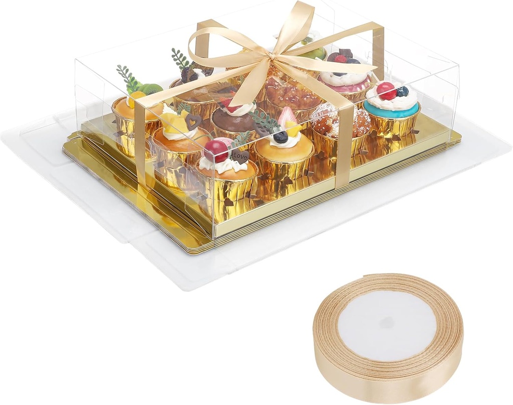EUSOAR Gold Cupcake Boxes, 6 Pack Clear Bakery Mini Cake Containers 12 Count Cookies Pastry Wrapper, Rectangle Muffins Holder with Gift Ribbon Treat Dessert Carrier for Wedding Party Favor Decor