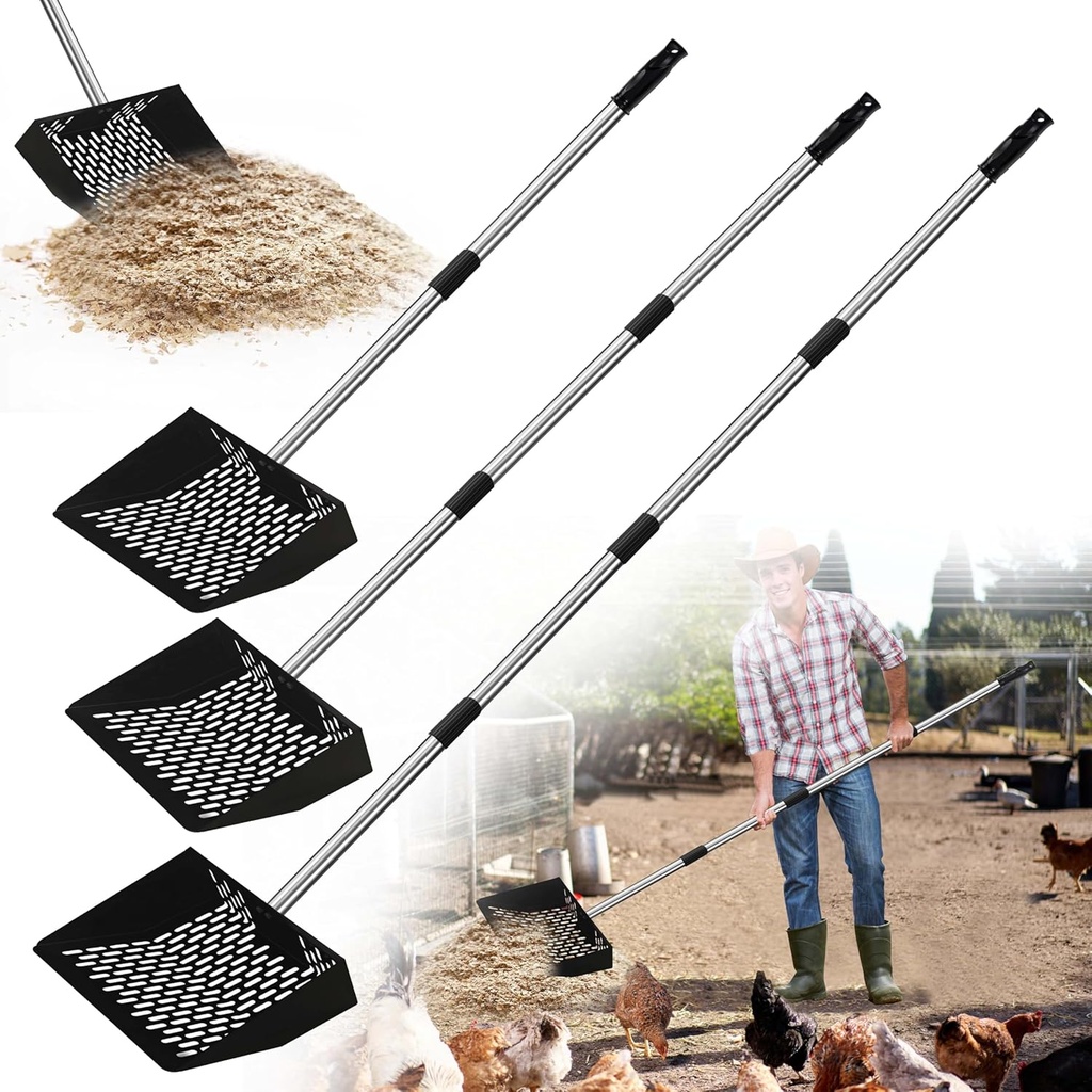 Jusoney Heavy-Duty Chicken Poop Scooper with 4-in-1 Adjustable Handle (35"-61") - Sturdy Stainless Steel and Iron Construction for Large Chicken Coop - Ergonomic Design & Easy Cleaning